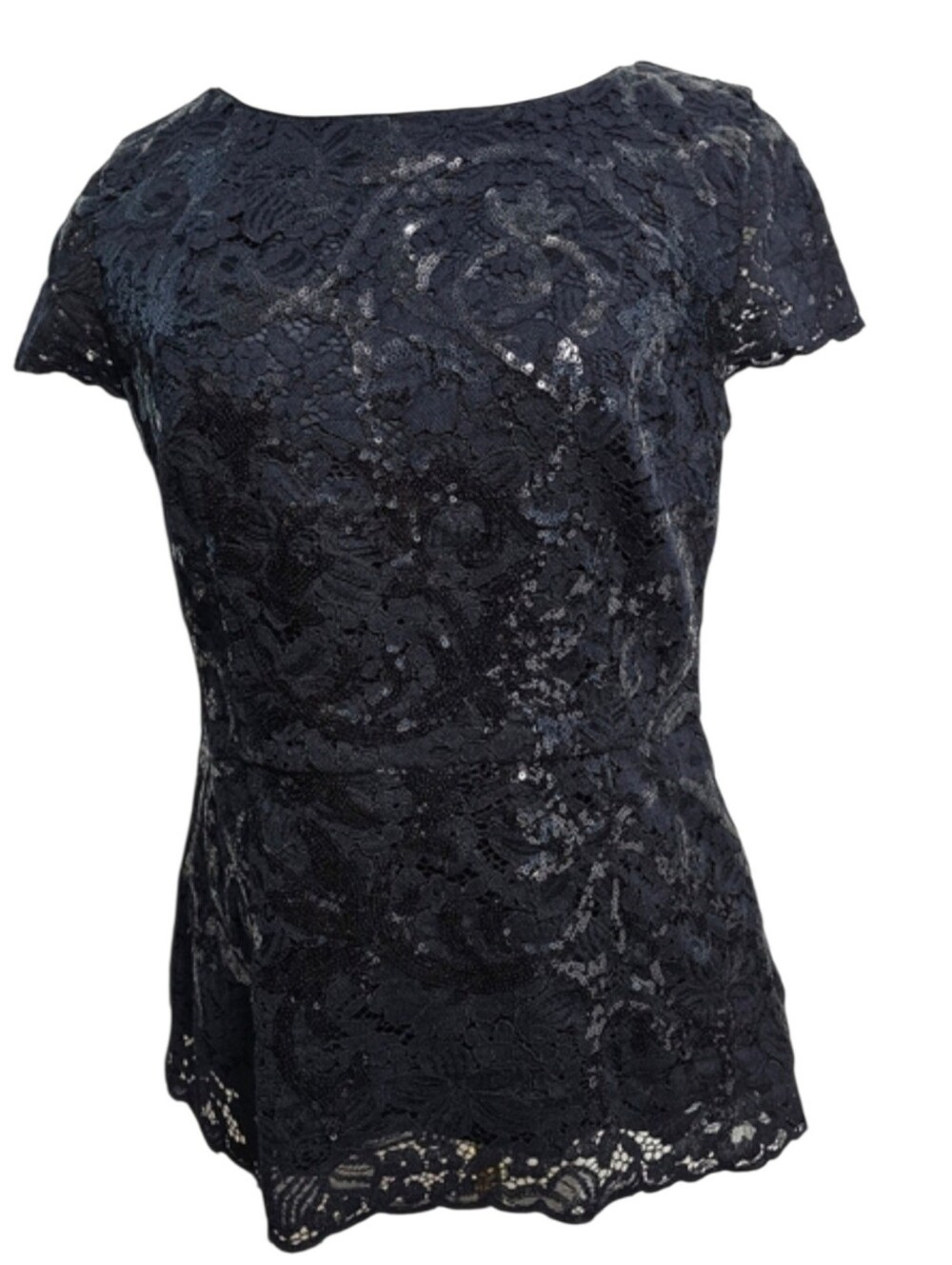 Brooks Brothers Black Sequin Lace Peplum Whimsigoth Cocktail Top Sz 6